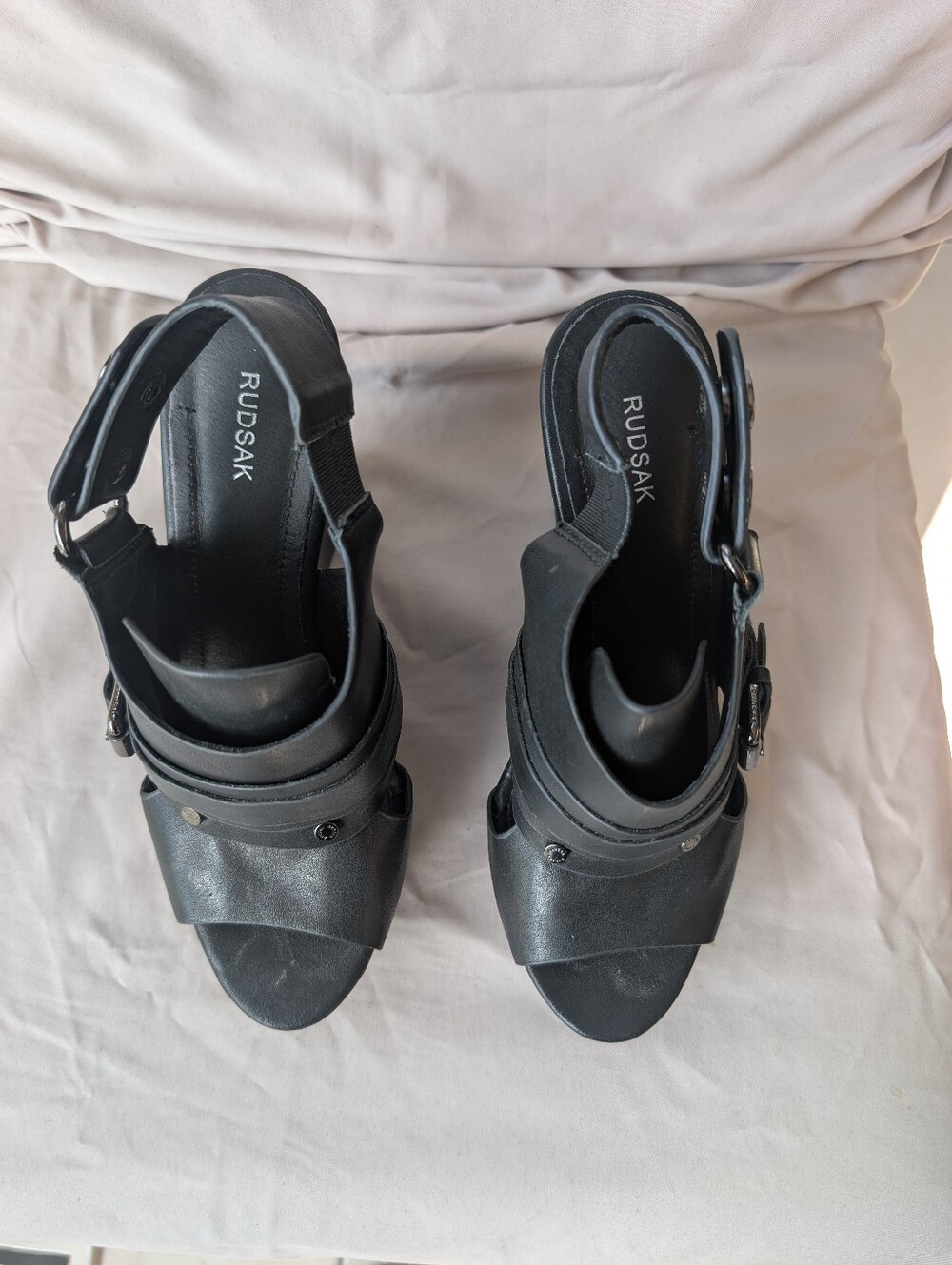 RUDSAK Black Leather Platform Wedge Sandals with Decorative Studs - Picture 4 of 7